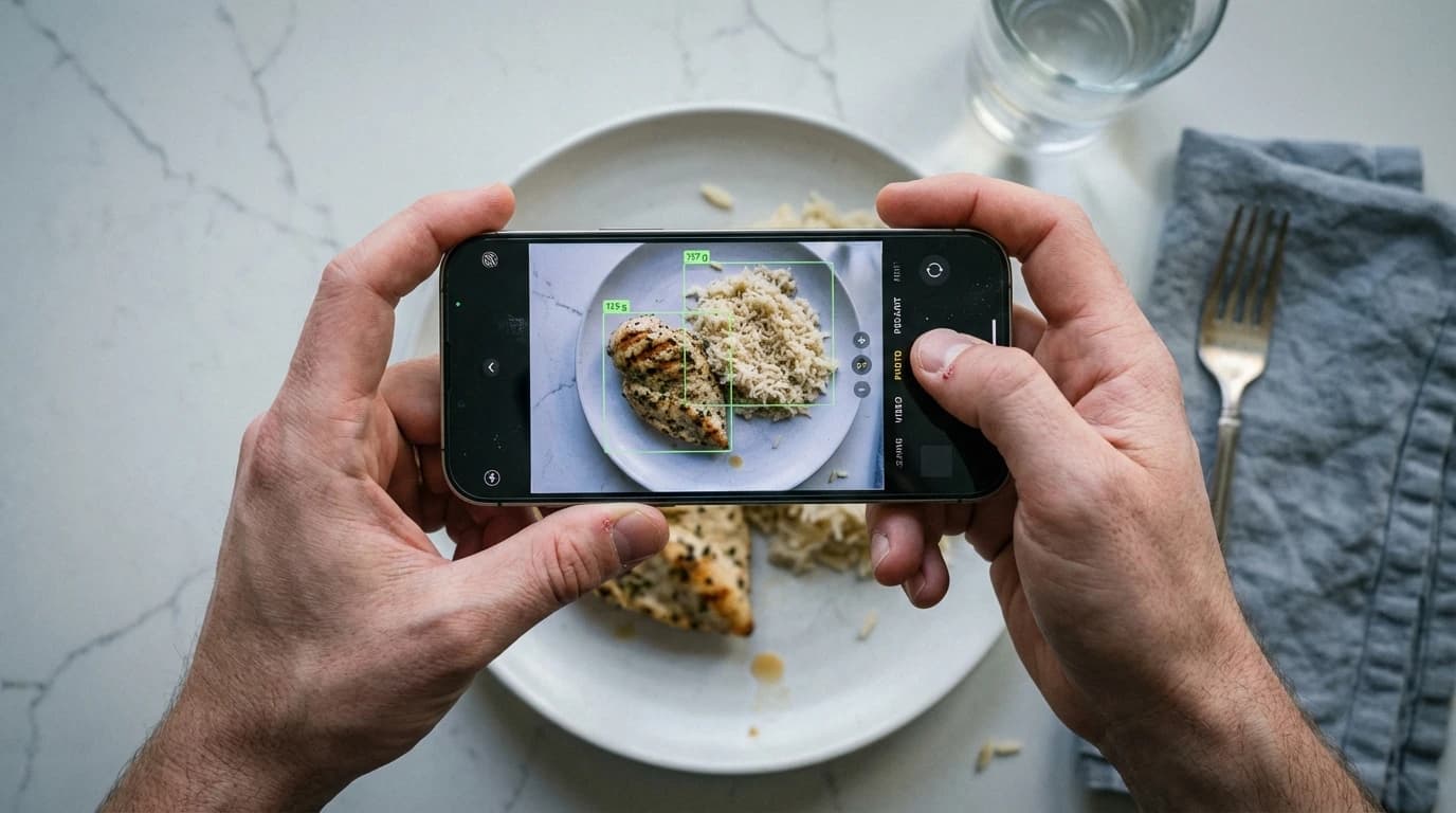 A person using a smartphone to estimate the weight of a chicken meal on a plate