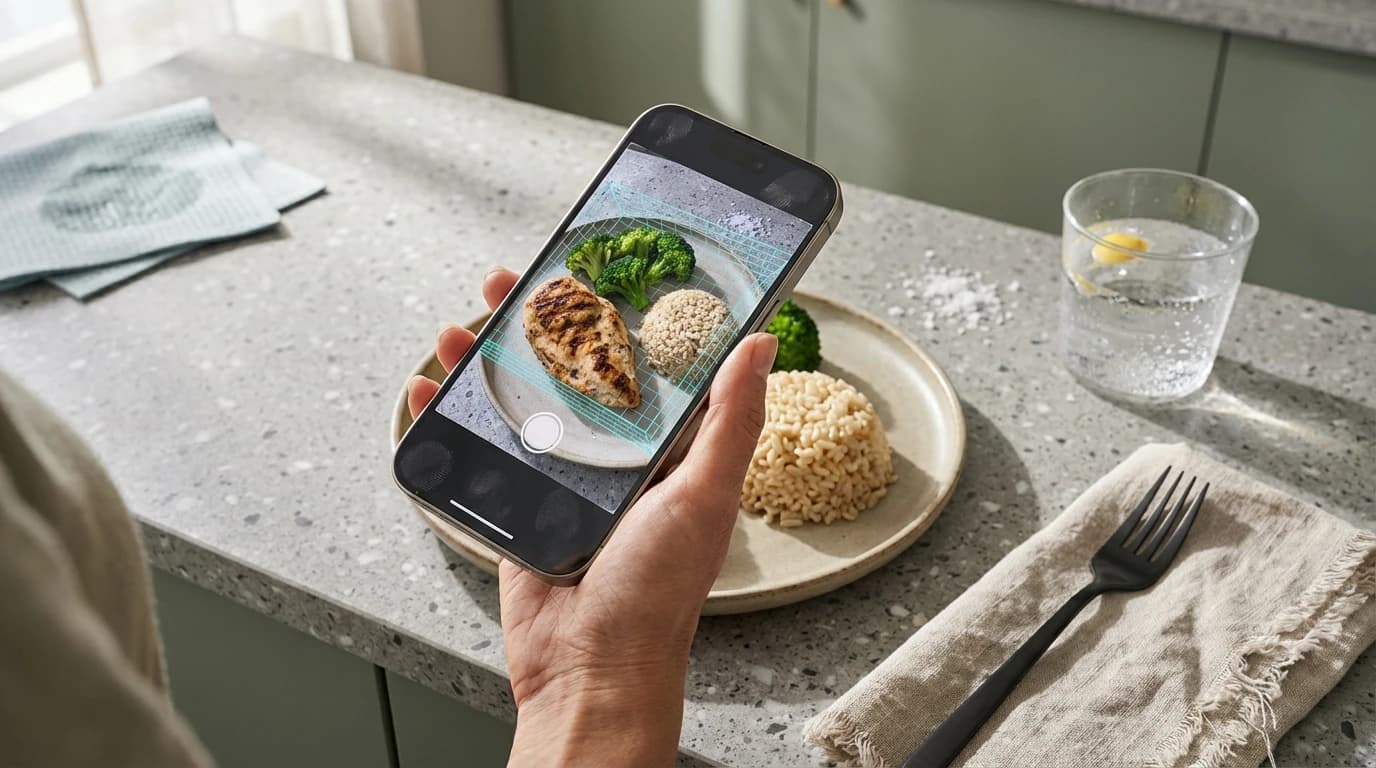 A user holding a smartphone over a plate of food, demonstrating an AI food scanner mapping portions in 2026