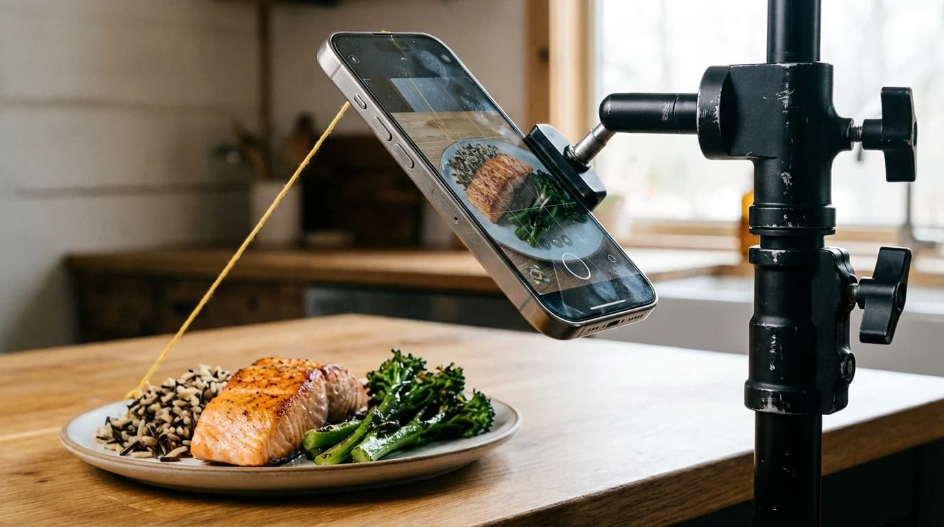 展示使用 AI 食物扫描仪应用时保持正确 45 度角的示意图