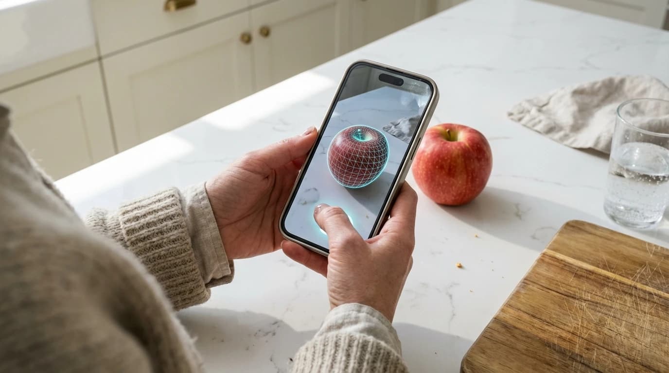 A modern smartphone scanning an apple on a kitchen counter using an augmented reality weight estimation app.