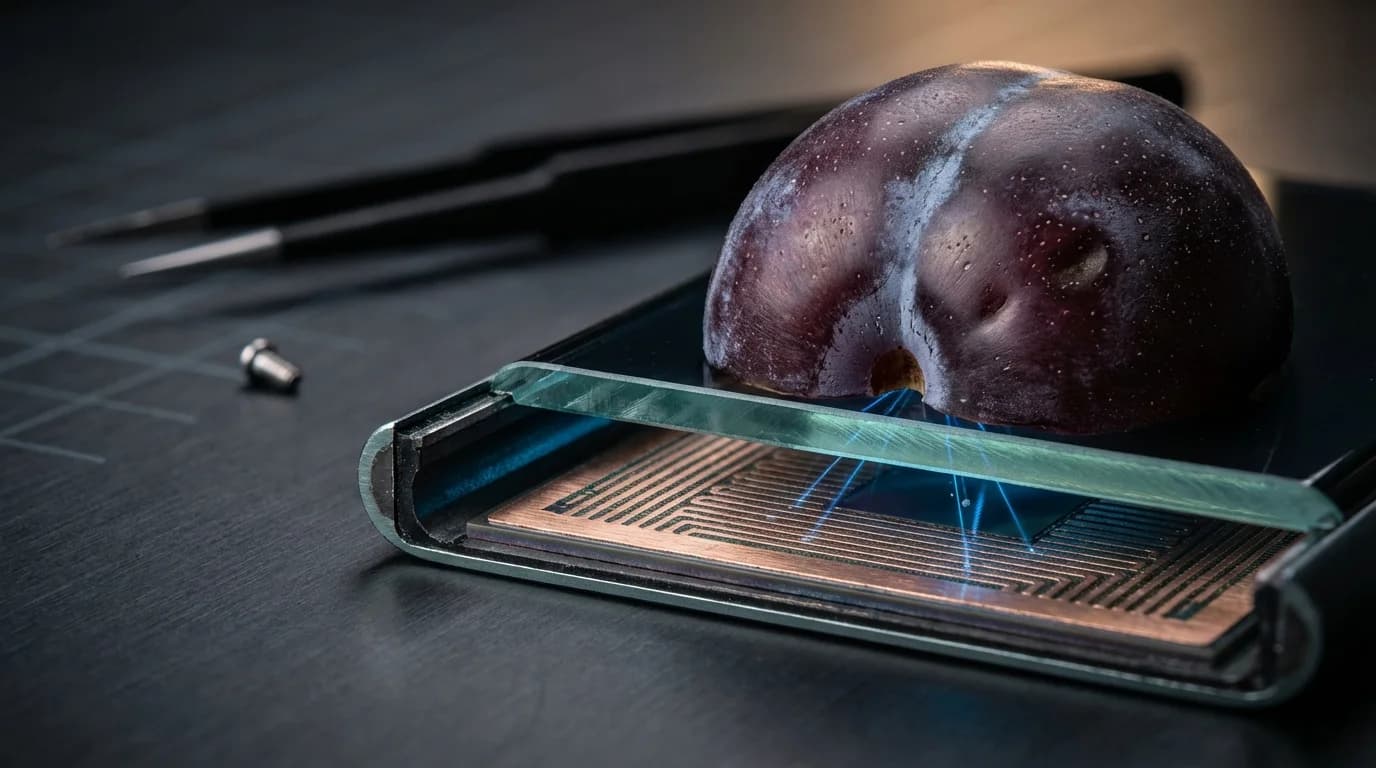 Diagram showing how capacitive touch screens interact with the electrical field of conductive fruit.
