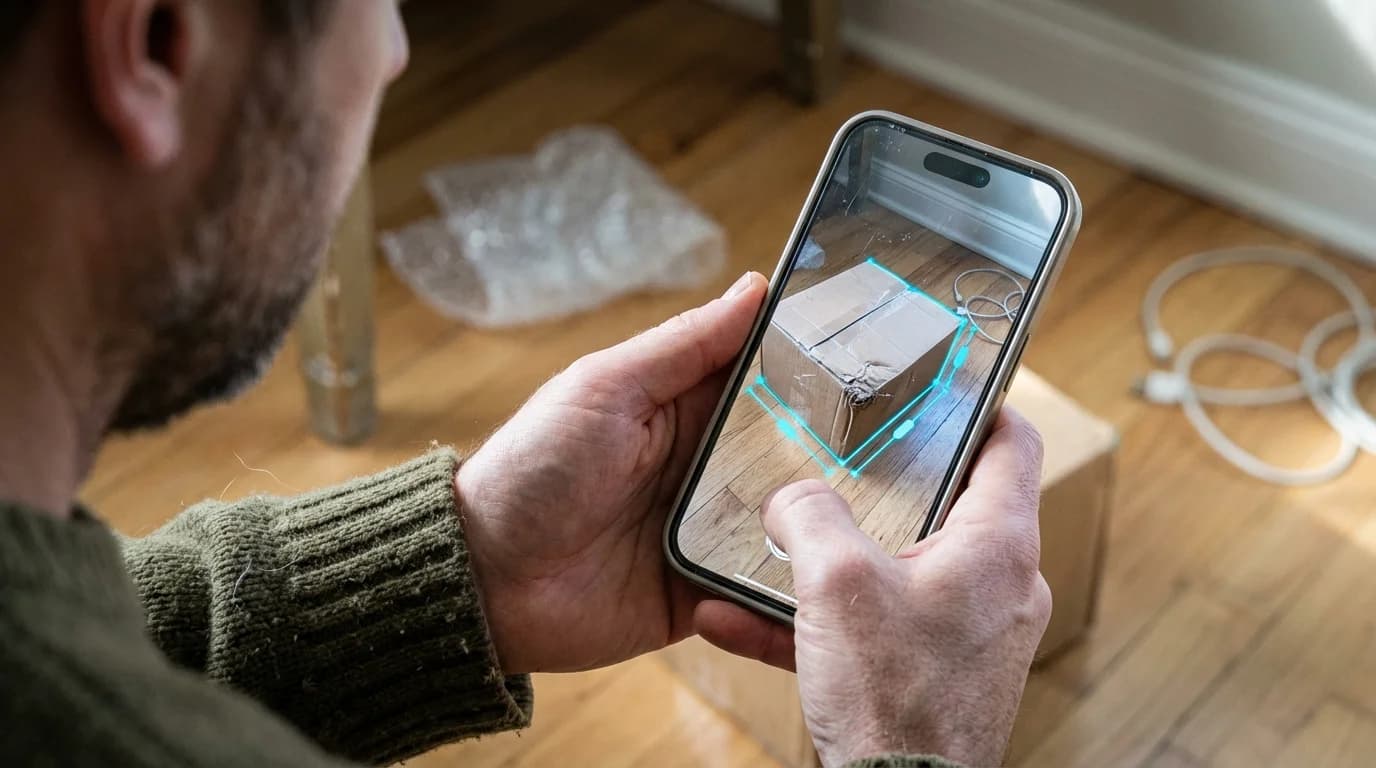 A phone camera scanning a cardboard box to calculate dimensional weight.