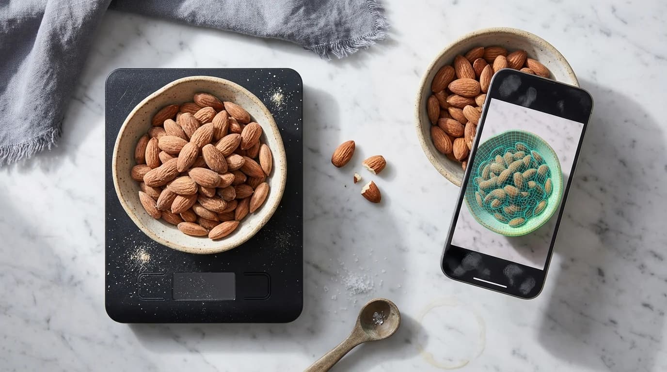 Comparison between a traditional digital kitchen scale and a smartphone camera weight estimation app.