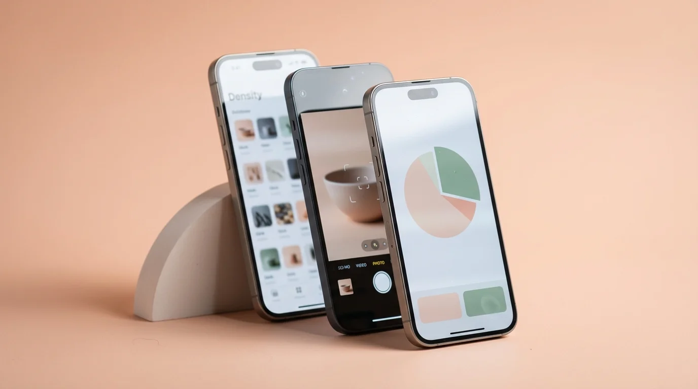 Three smartphones standing side by side, each displaying a different food tracking and digital scale application.