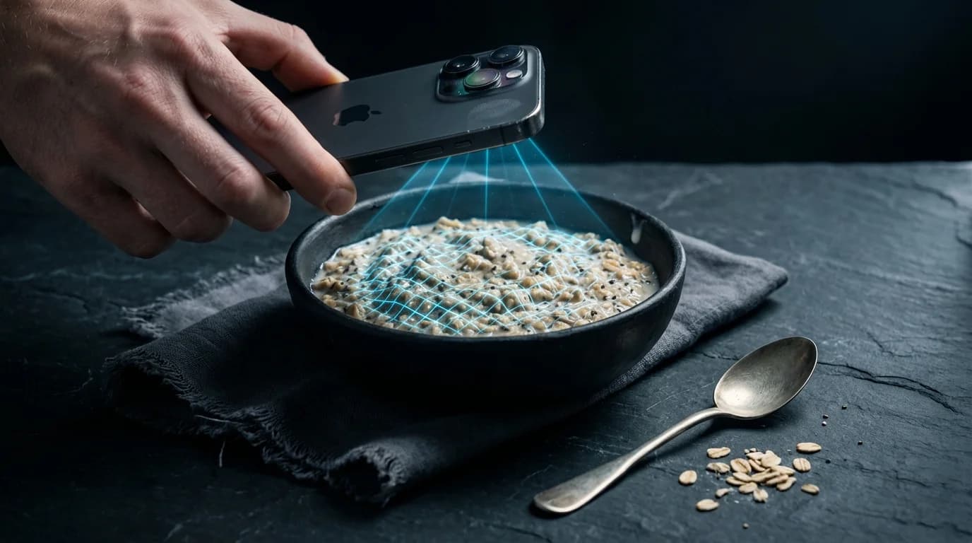 Smartphone emitting an augmented reality mesh grid over a bowl of food to map spatial volume.