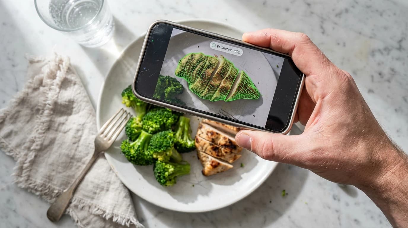 A smartphone positioned above a plate of food, displaying a digital scale app interface estimating grams and calories.