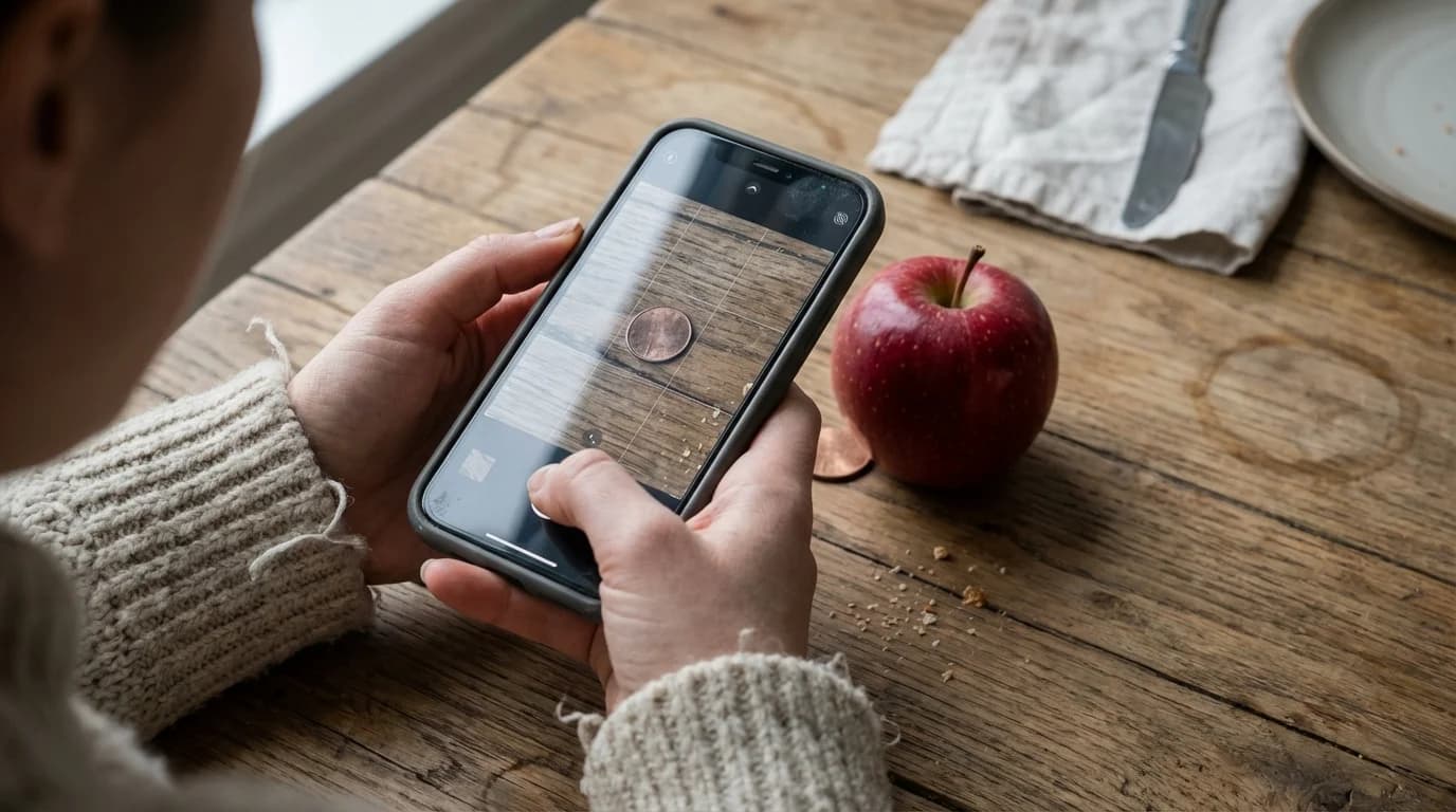 Using a coin as a reference object next to an apple for a phone scale app to measure volume.