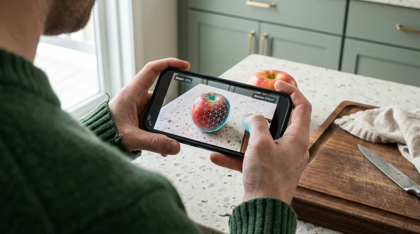 A smartphone using its camera and AR interface to estimate the weight of a piece of fruit on a kitchen counter