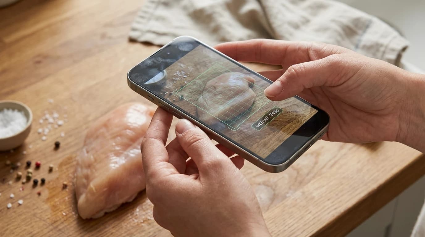 A person using a smartphone camera to estimate the weight of a chicken breast on a kitchen counter