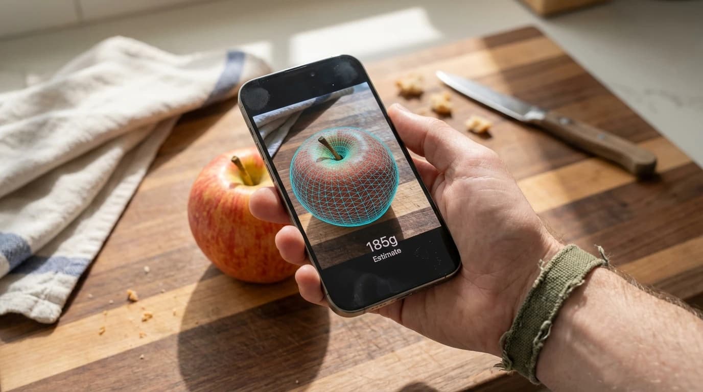 A smartphone using augmented reality camera to estimate the weight of an apple on a kitchen counter