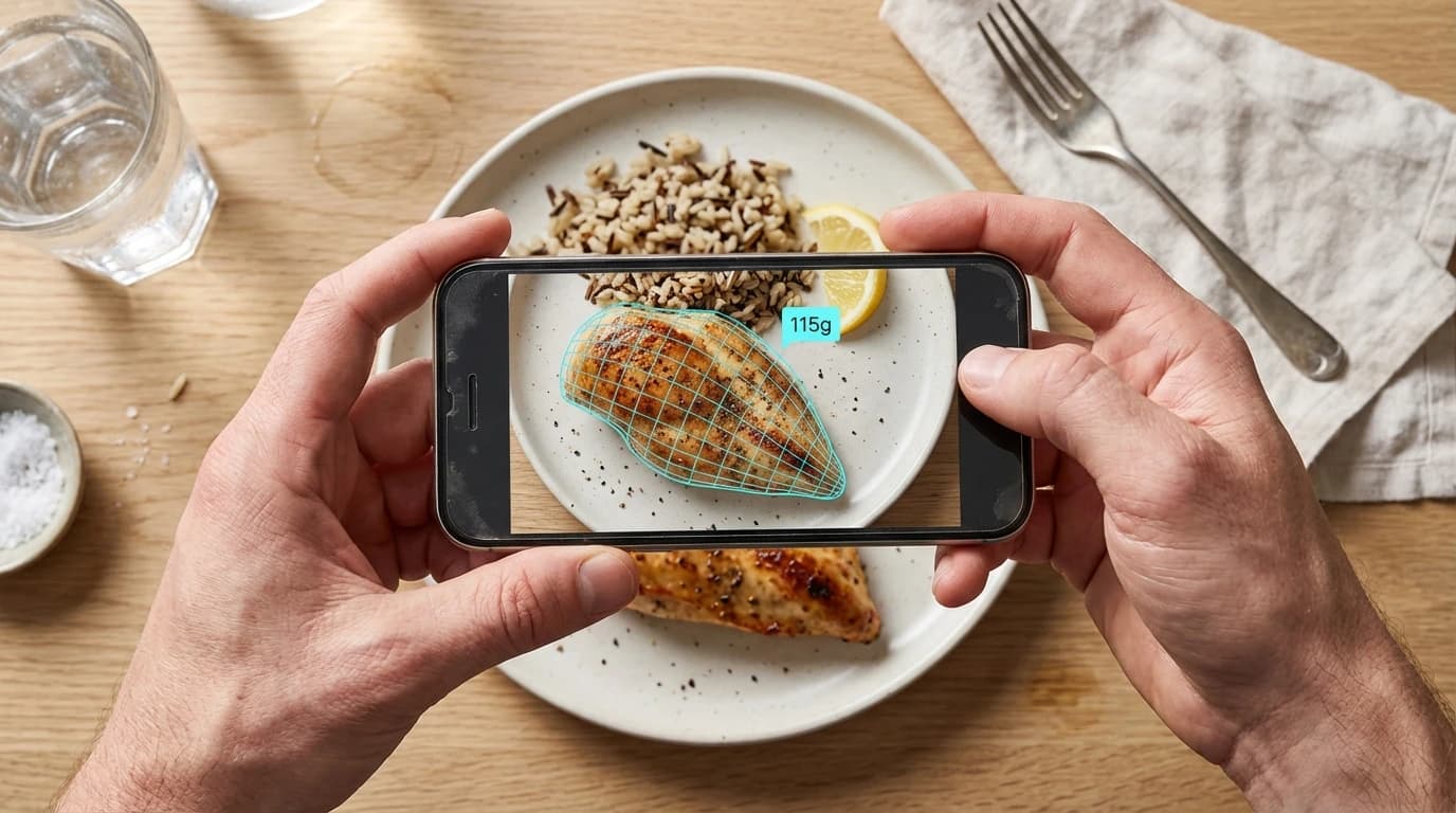 A person using a smartphone camera app to estimate the weight of a chicken breast on a dinner plate