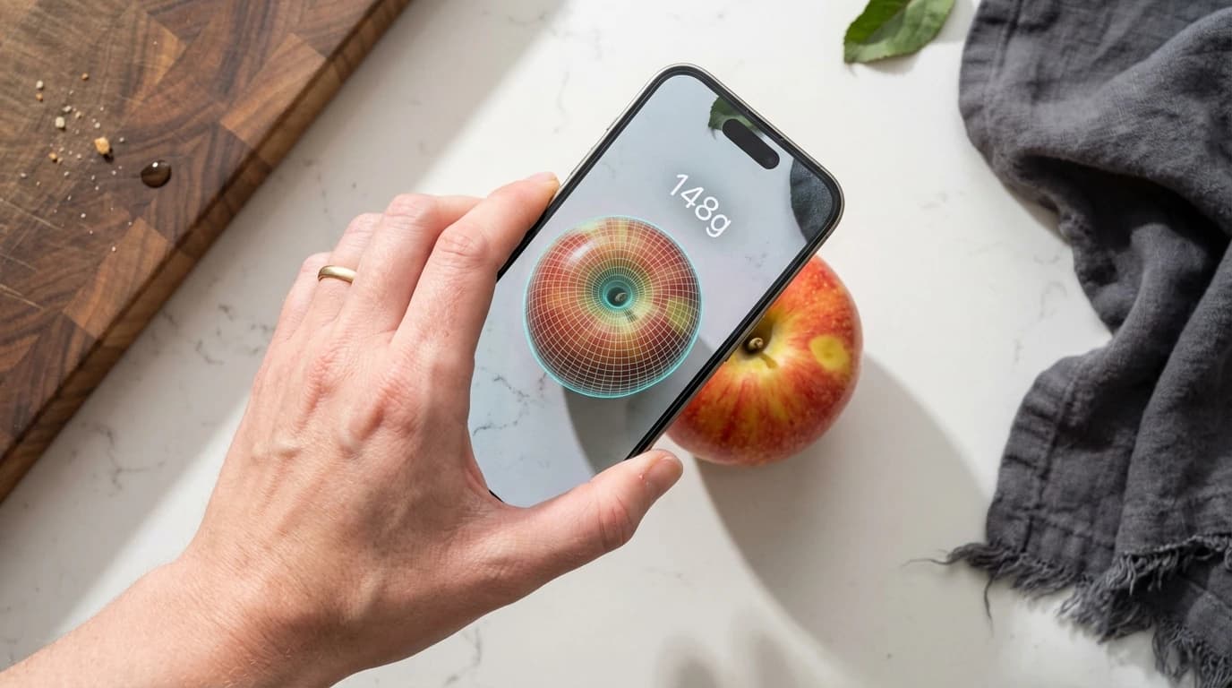 A person holding a smartphone over an apple on a kitchen counter, viewing a digital weight estimation overlay