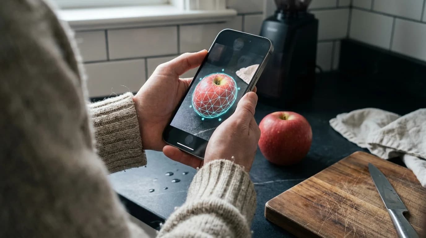 تطبيق هاتف ذكي يستخدم شبكة الواقع المعزز لقياس تفاحة على طاولة