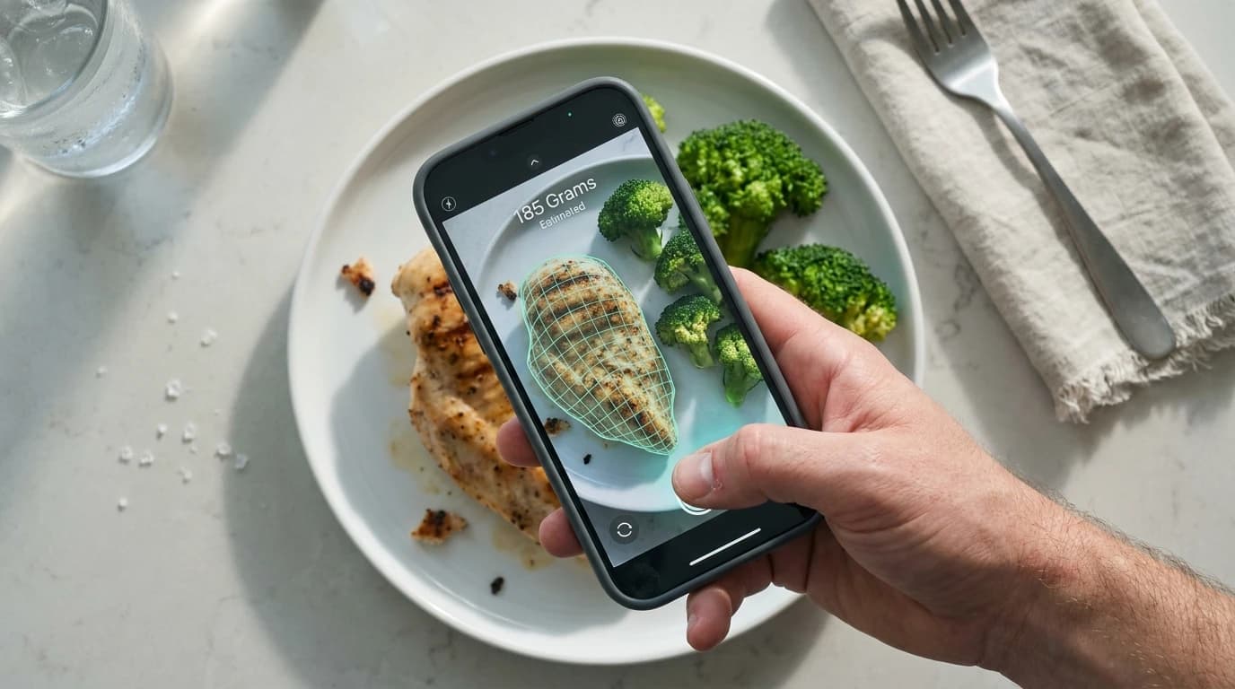 A smartphone using an AI food scanner app to measure grams of a chicken breast on a dinner plate