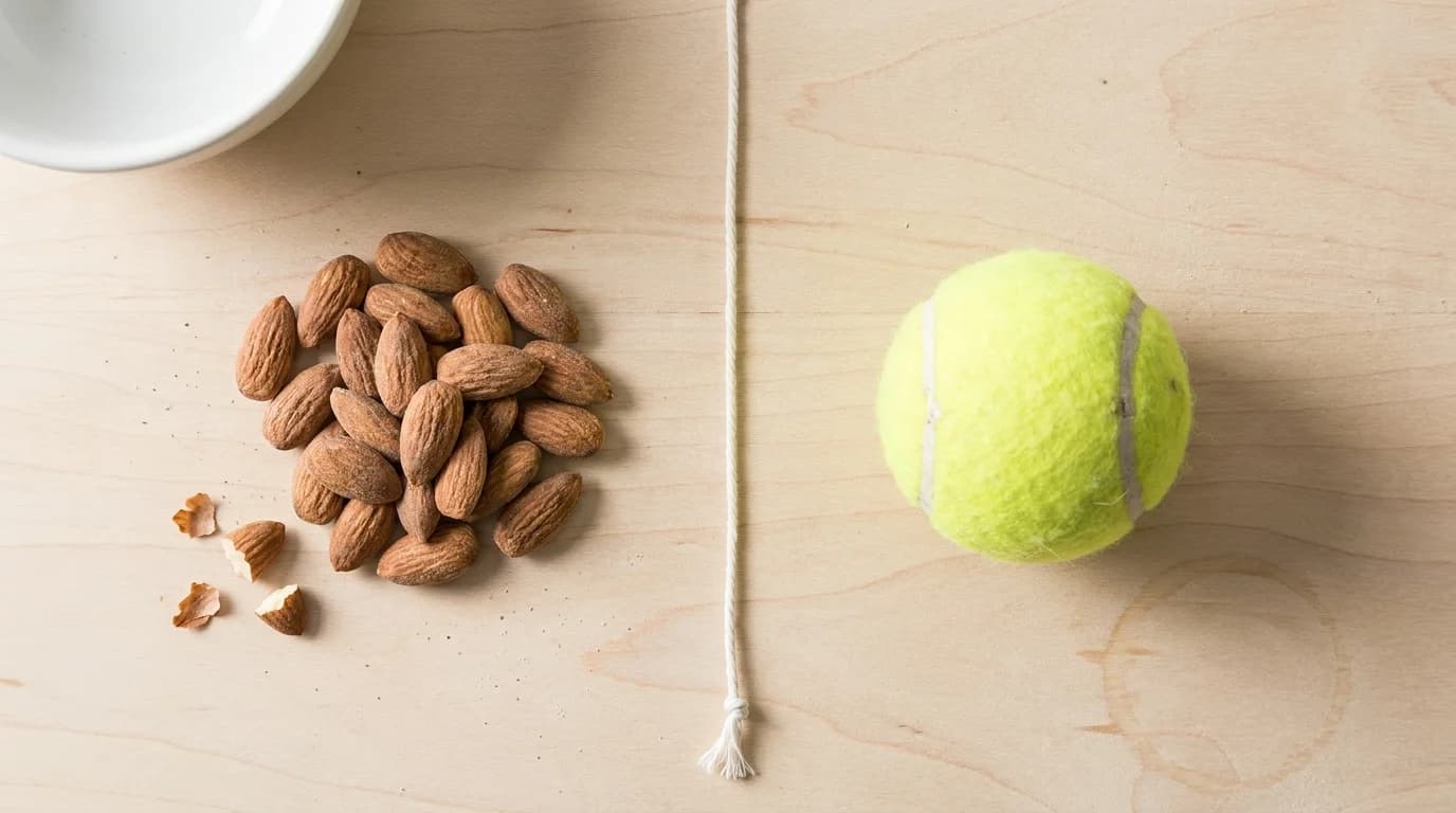 مقارنة بصرية لحفنة من اللوز بجانب كرة تنس لتقدير الحصص