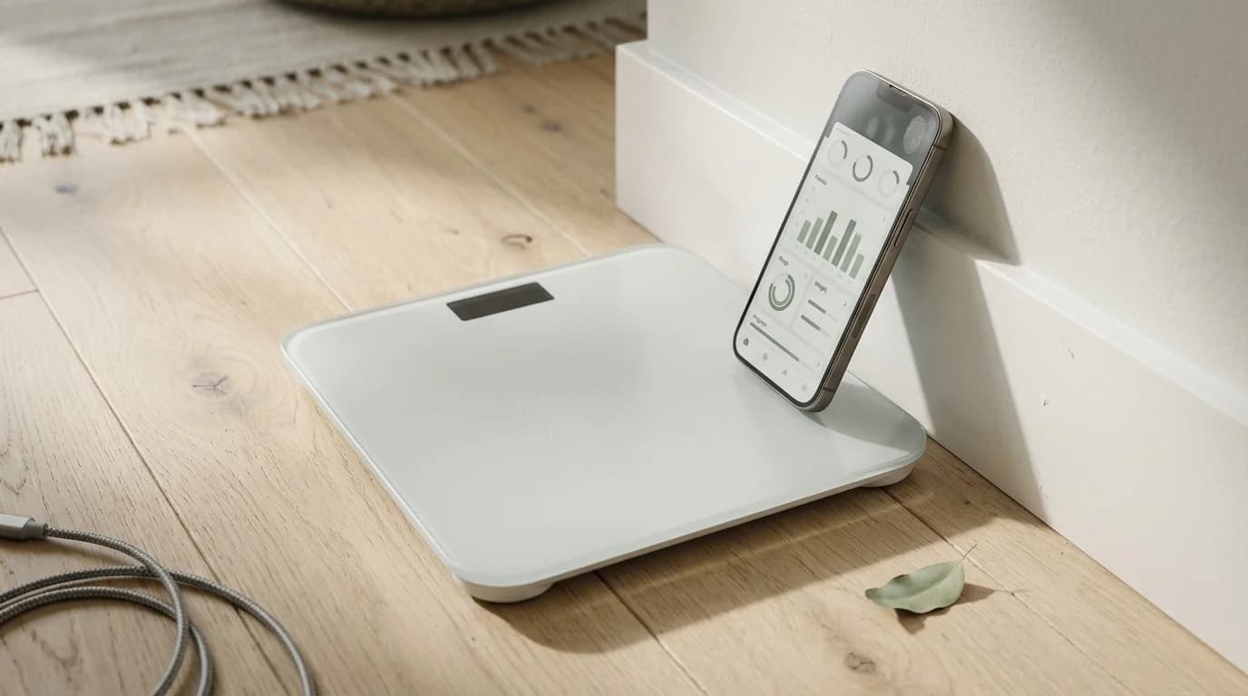 A modern smartphone scanning a bowl of fruit with augmented reality markers to estimate weight and calories